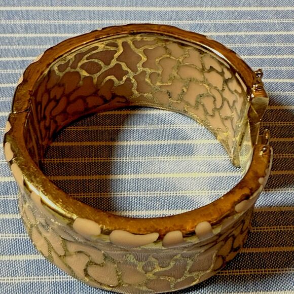 RARE Vintage Angélique de Paris Ivory Resin & Gold over Sterling Hinged‎ Cuff - Picture 7 of 9